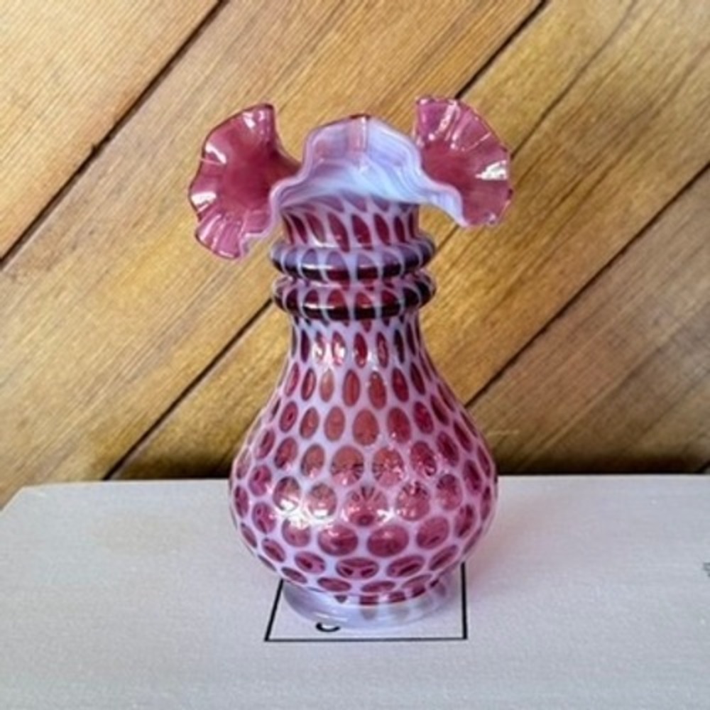 Vintage Fenton Cranberry Opalescent Coin Dot Vase 6in Ruffled Handkerchief Rim